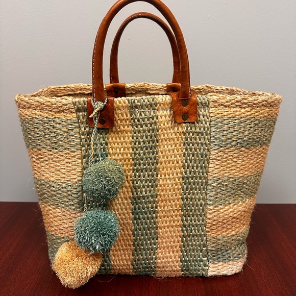 Mar Y Sol‎ Striped Woven Tote Bag Leather Handles Picnic Summer Beach Handmade - Picture 1 of 8